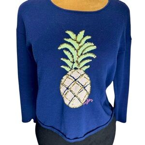 Lilly Pulitzer Sequin Pineapple Sweater Blue Gold‎ Cotton Tropical Coastal Sz S